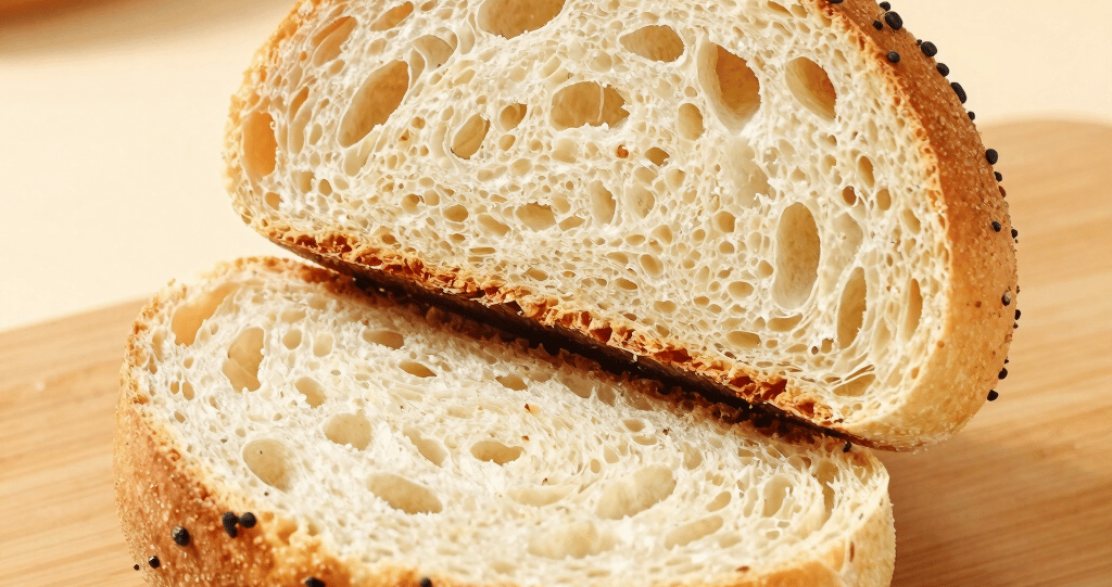 Close-up of a golden, freshly baked pastry resting on a rustic wooden board with soft natural light highlighting its flaky texture.