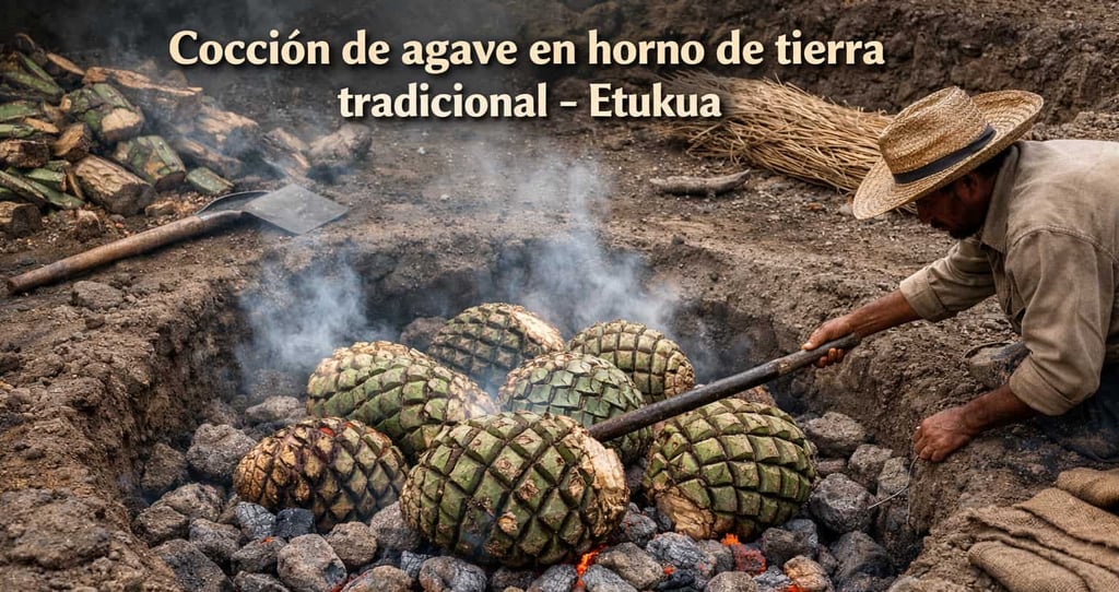  Hoyo de tierra con piedras calientes y piñas de agave siendo colocadas para su cocción lenta.