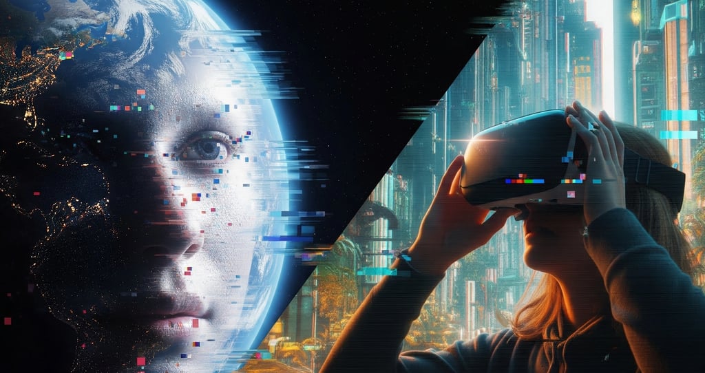 Subtly glitched image of Earth or a human face, suggesting a simulation or virtual reality training ground for consciousness