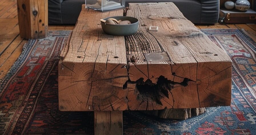 Połączenie stylu rustykalnego i industrialnego w ławie. Surowe drewno z widocznymi ubytkami