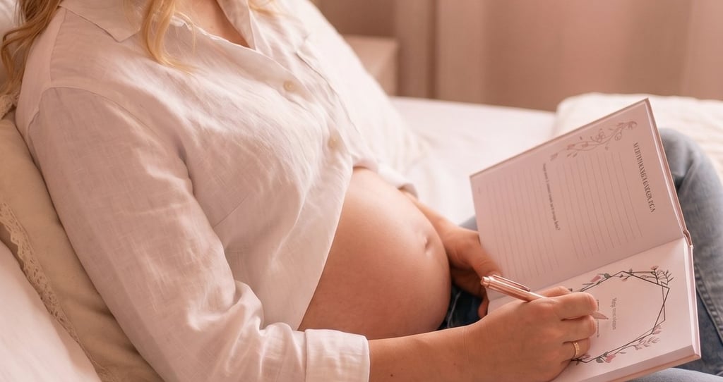 A pregnant woman in a white shirt writes in a maternity journal while sitting on a bed.