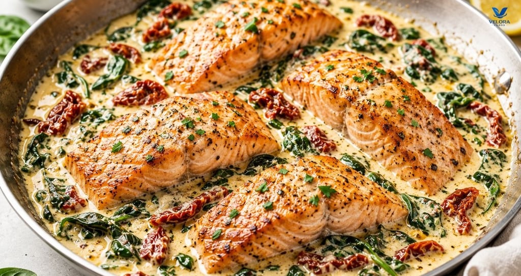 Creamy Garlic Butter Tuscan Salmon served in a skillet with spinach and sun-dried tomatoes.