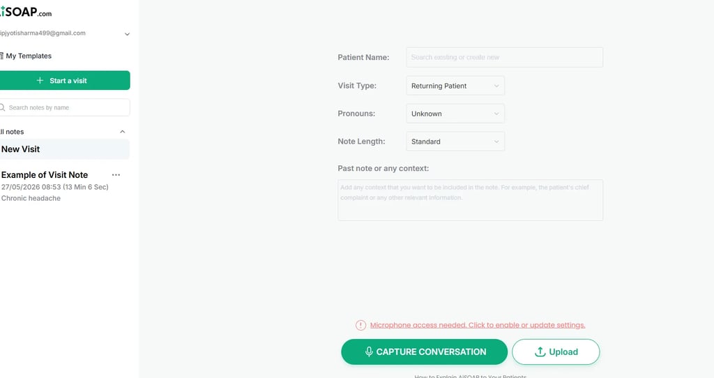 Freed AI recording and clinical documentation interface for patient workflow management.