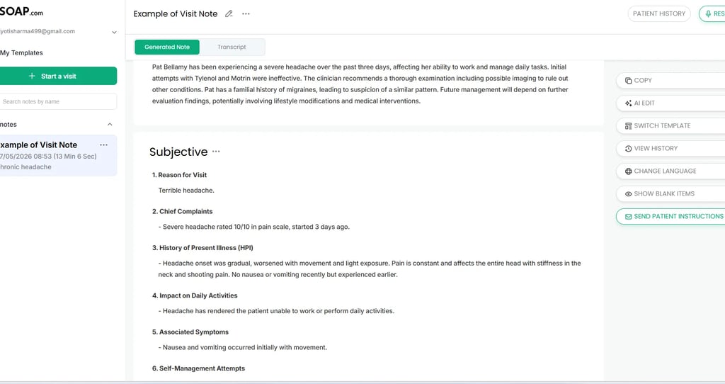 Freed AI SOAP note generation screen showing AI clinical documentation workflow.