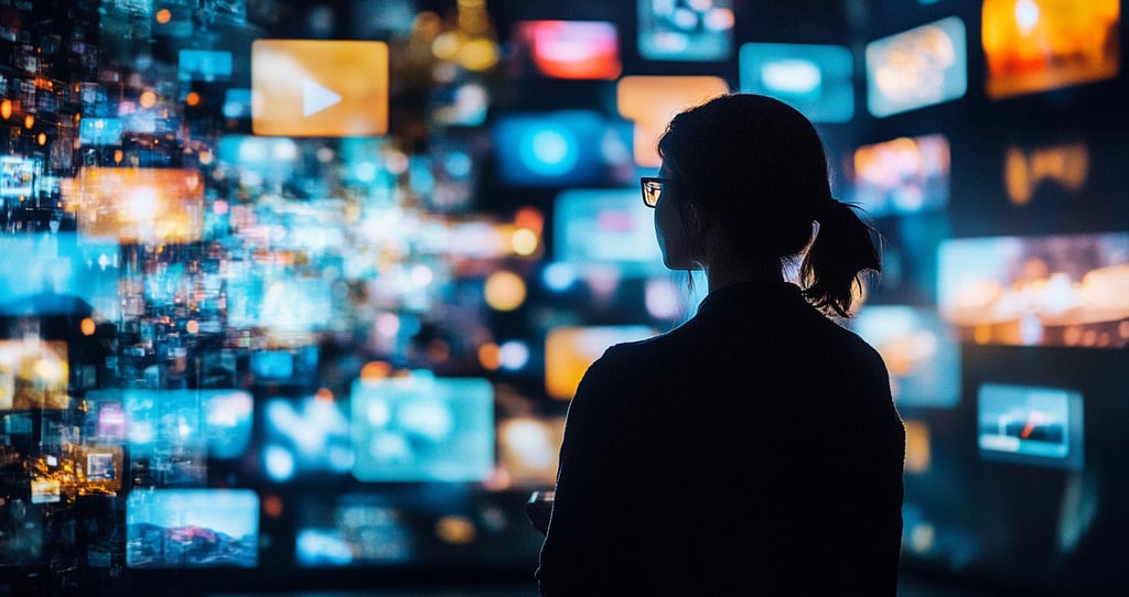 a woman in glasses and a black jacket is looking at a television screen