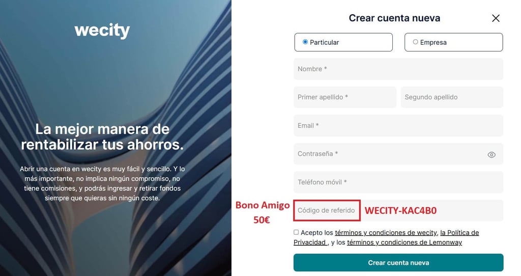 Registro wecity con promoción bono amigo