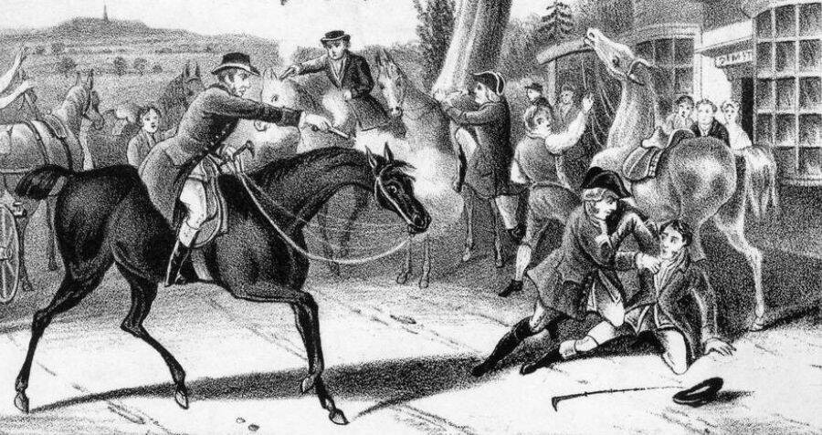 Vintage illustration of a 18th-century highwayman Dick Turpin  pointing a pistol at Tom King
