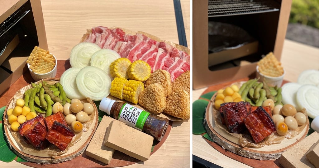 ChatGPT:  GoodBBQで燻製BBQセットの食材（牛カルビ、豚肩ロース、厚切りベーコン、うずら卵、枝豆、玉ねぎ、トウモロコシ、焼きおにぎり、クラッカー、オリジナルソースなど）が並んでいる様子｜堺市のニュースならサカイタイムズ