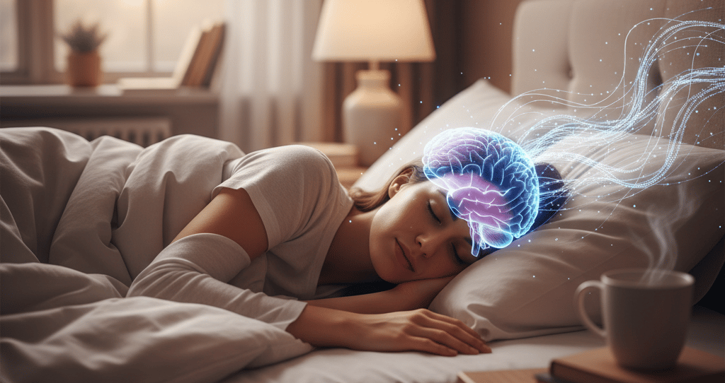 Person in deep sleep, wires on head, glowing brain overlay. Is it an alien download or biological screensaver?