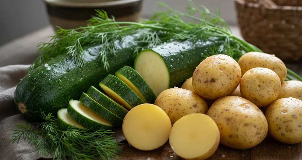 This picture shows golden potatoes, dill and zucchini in a natural kitchen setting.