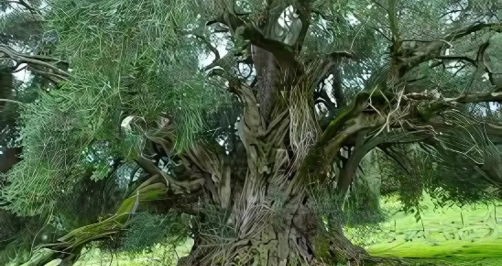 a large tree with a large tree in the background, oldest olive tree in Luras, Sardinia