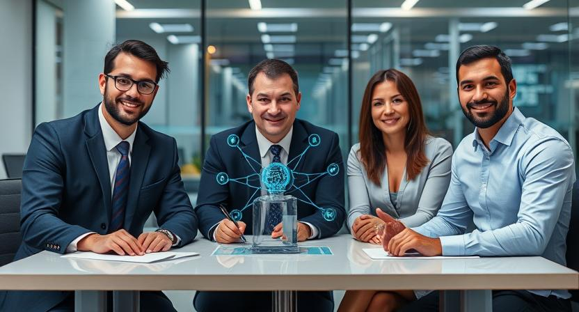 a group of business people sitting at a table with a tablet