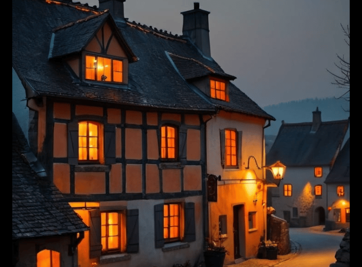 Cozy, mountain town at dinner time in winter. A welcoming place.