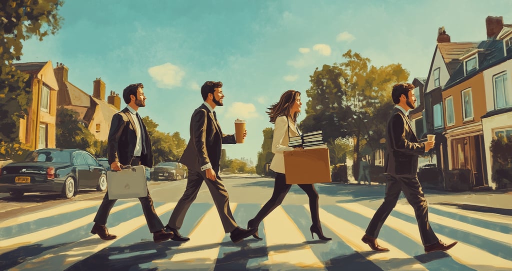a man and woman walking across a zebra crossing the street