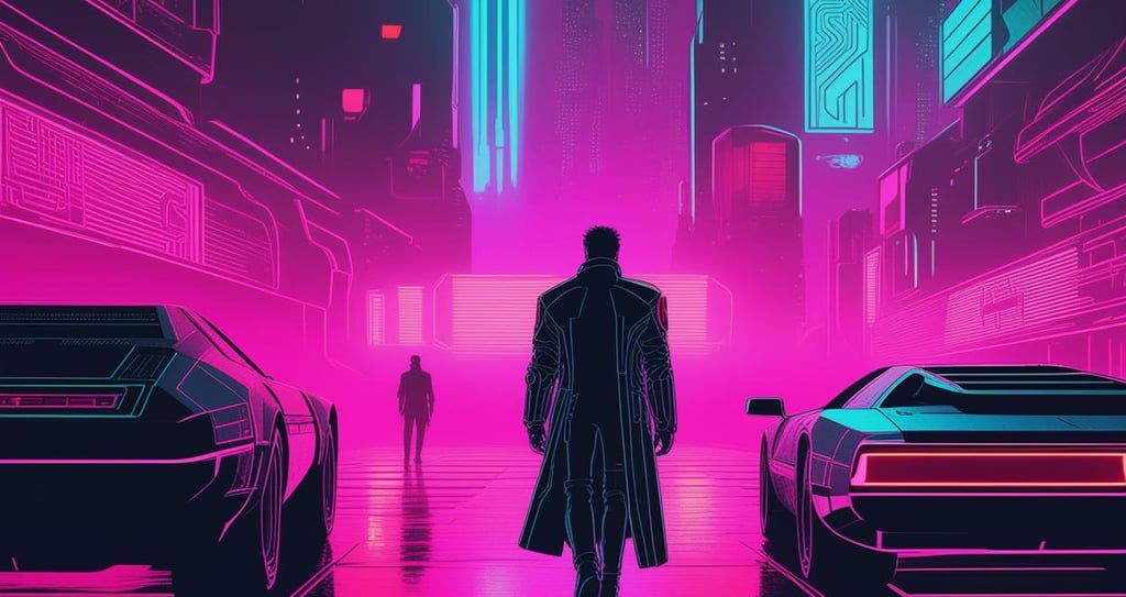 Futuristic illustration of a man walking through a neon-lit cityscape inspired by Blade Runner.