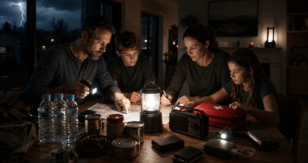 Family uses lanterns and flashlights to check a map during a power outage or storm emergency.