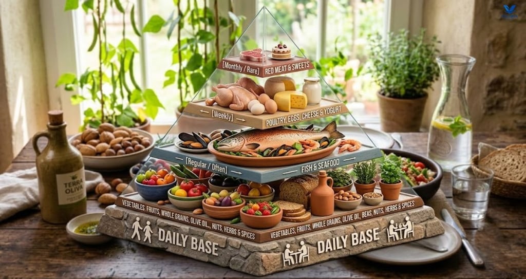 Mediterranean diet pyramid of recommended daily food groups.