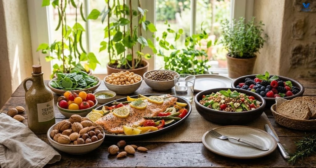 High fiber, protein, vitamins, and healthy fats are all found in healthy Mediterranean foods.