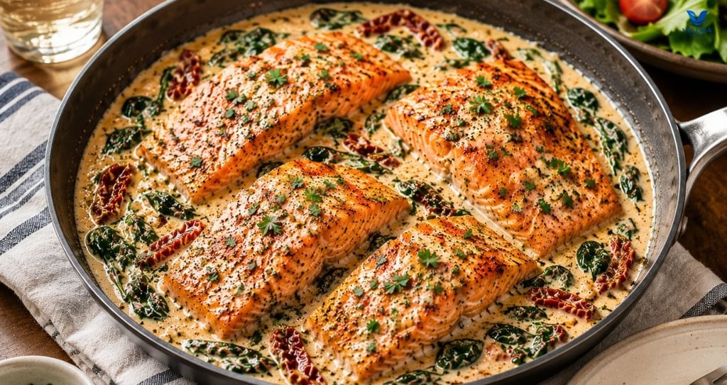 Creamy Tuscan salmon served in a skillet with fresh parsley.