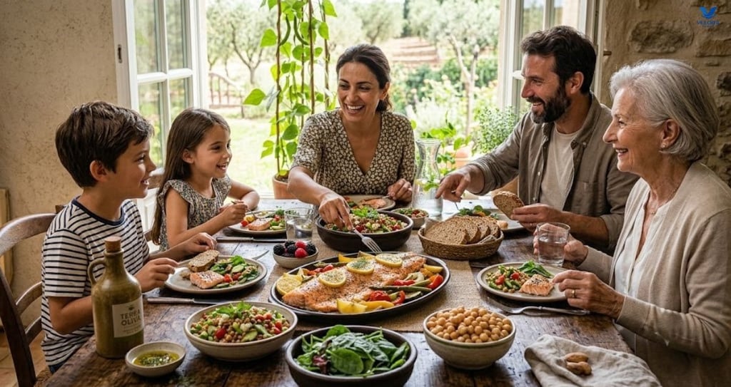 Family enjoying a healthy meal in the Mediterranean style, featuring fresh vegetables, fish, olive o