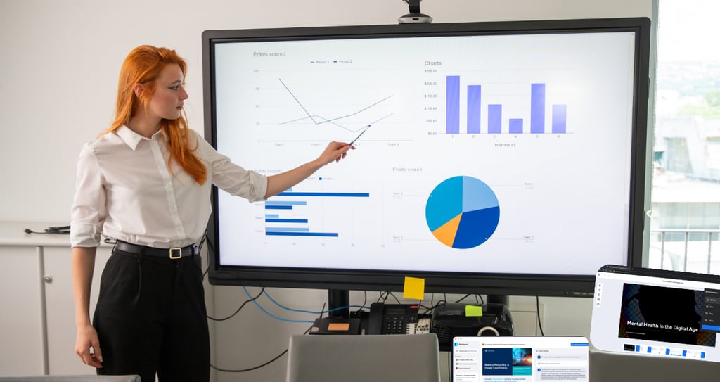 a woman in a white shirt and black pants showing presentation on a big computer screen