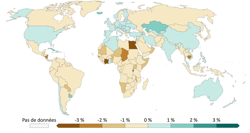 Carte du monde montrant l'évolution de la surface forestière par pays
