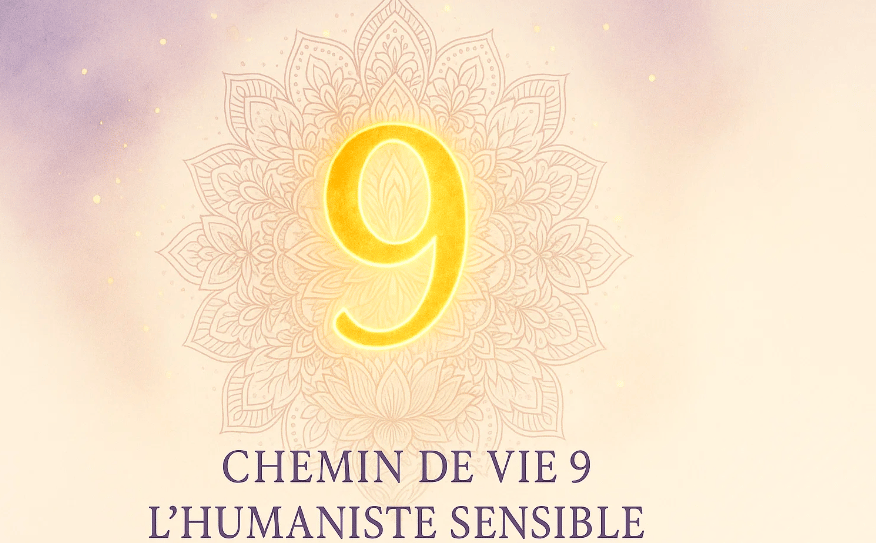 Chemin de vie 9 humaniste sensible numérologie symbole chiffre doré mandala violet