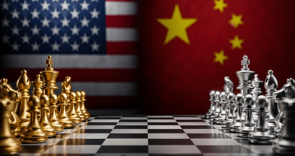 Tabuleiro de xadrez com peças douradas e prateadas frente a frente, tendo ao fundo as bandeiras dos 