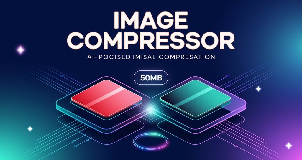 Image Compressor tool interface mockup with upload, compression progress bar, and file size output"