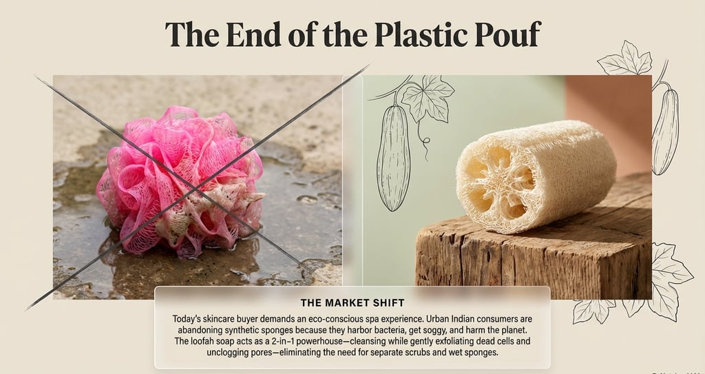 Comparison of a pink plastic bath pouf with a natural loofah sponge for eco-friendly exfoliation.