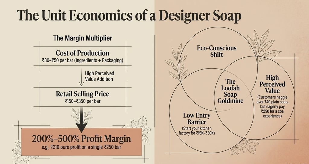 Infographic showing unit economics and profit margins for a designer soap business.