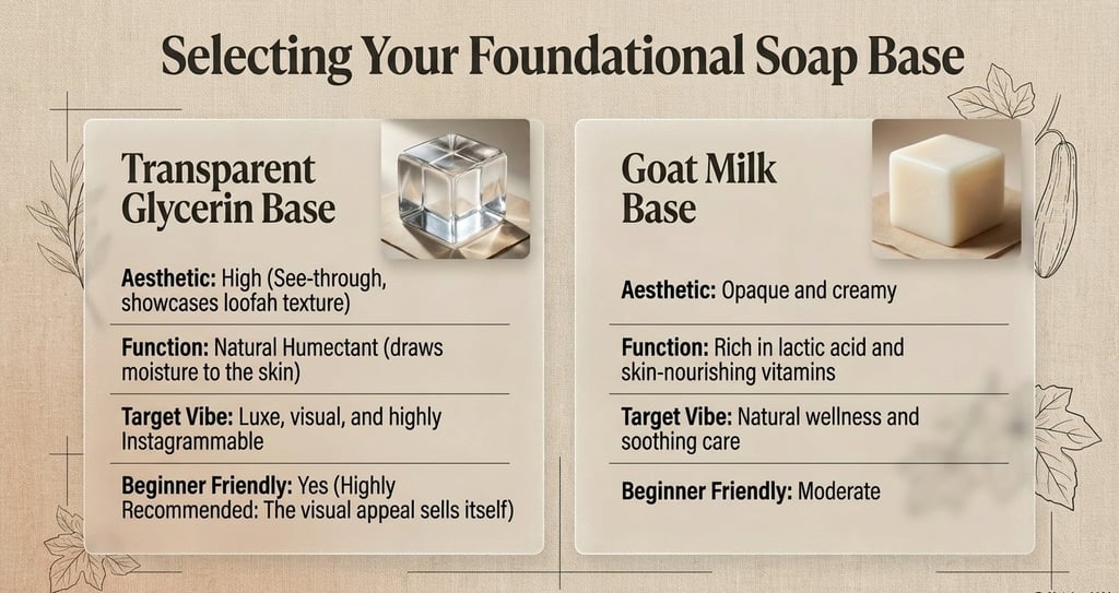 Comparison chart of transparent glycerin and goat milk soap bases for DIY soap making.