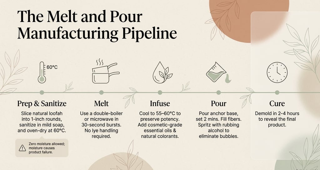 Diagram of the melt and pour soap manufacturing pipeline showing prep, melting, infusing, pouring, and curing steps.