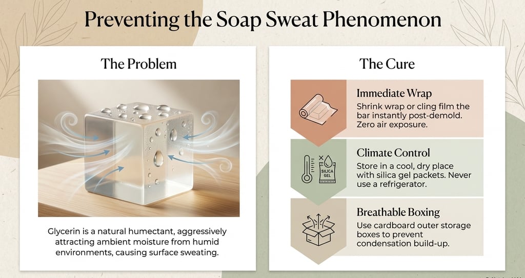 Infographic explaining how to prevent glycerin soap sweat using shrink wrap and climate control.