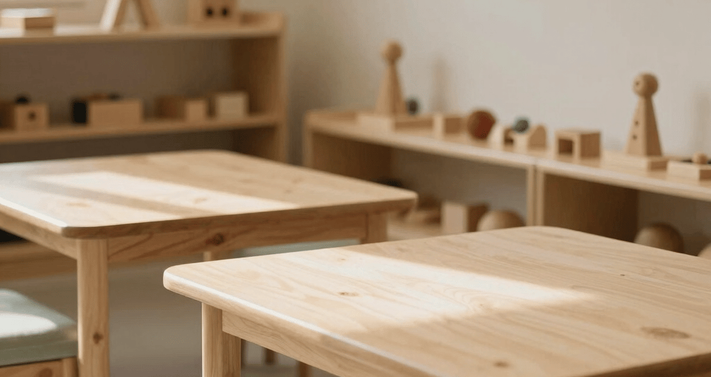 Sunlit corner of a minimalist pre-school classroom, low wooden tables, soft sage green cushions, shelves with natural wooden toys, warm neutral aesthetic.