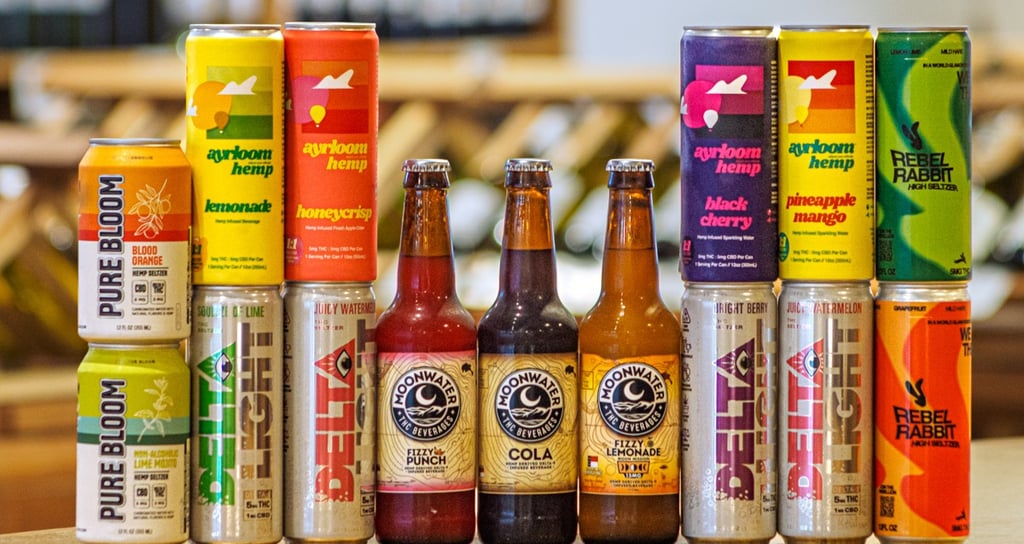 row of thc beverages in bottles and cans