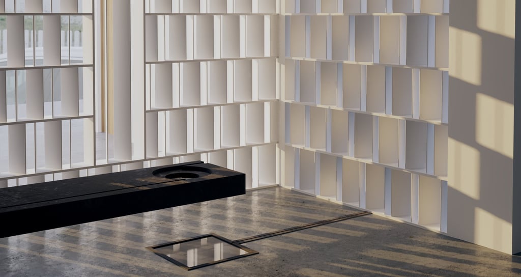 Modern architectural wall installation with geometric shelving and sculptural light play