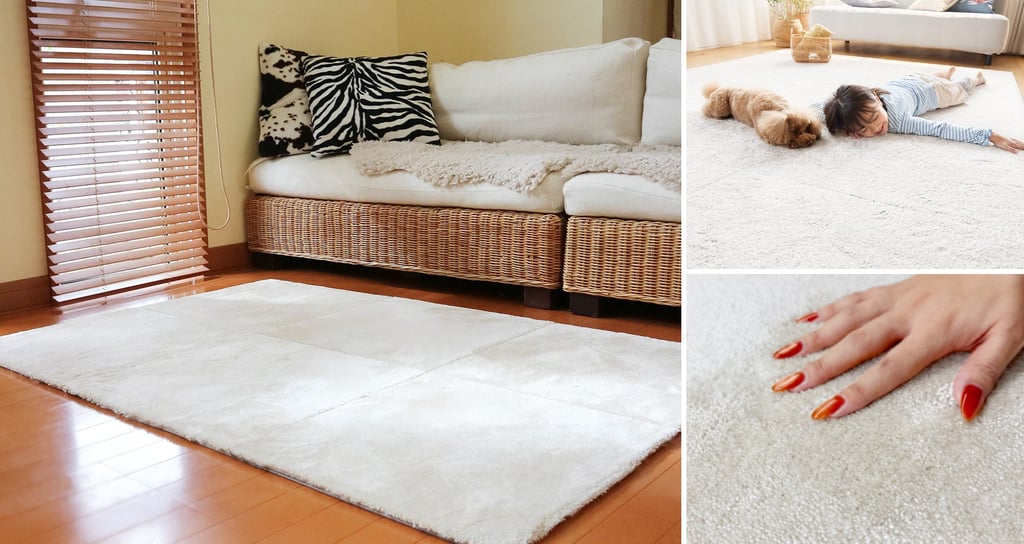 日本絨氈のタイルカーペット「rug-cocochi」をリビングに敷いた使用イメージと、子どもや犬が床に横になる様子のPR画像|堺市のニュースならサカイタイムズ
