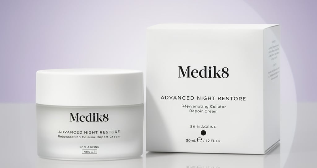 Medik8 Advanced Night Restore rejuvenating cellular repair cream jar and packaging for anti-aging skincare.