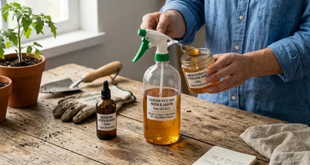 Ingredientes para preparar insecticida casero: Aceite de Neem, Jabón Potásico y pulverizador