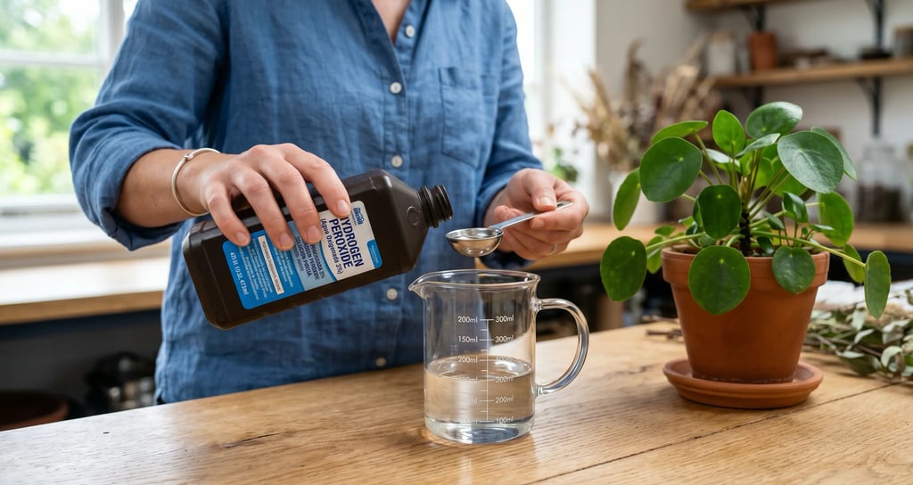 Preparación de mezcla de agua oxigenada y agua normal para regar plantas de interior.