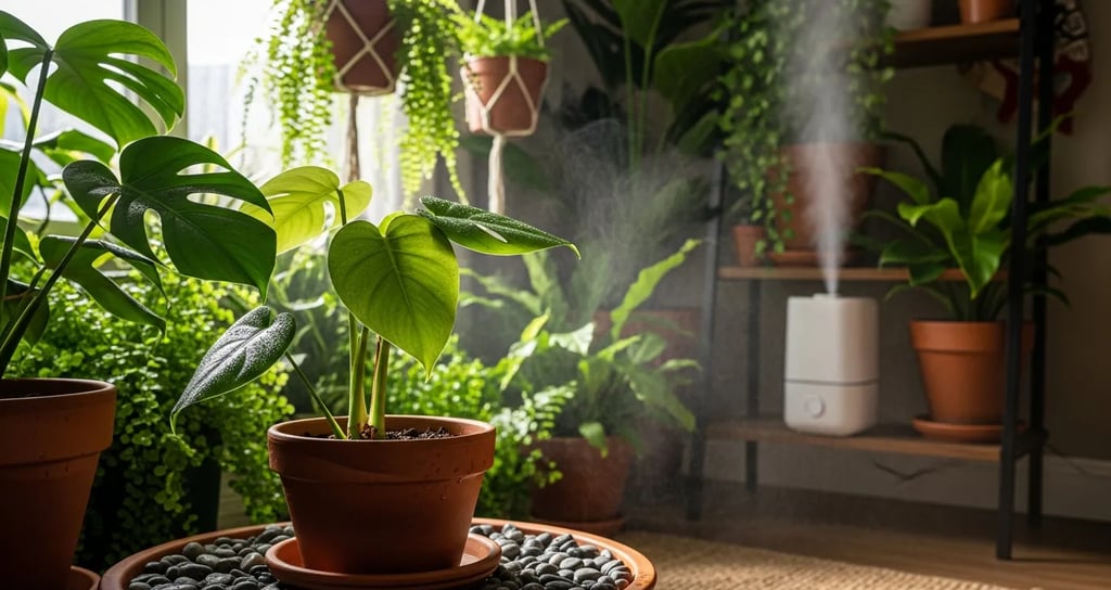 Métodos para aumentar la humedad en plantas: bandeja de piedras, agrupación y humidificador.