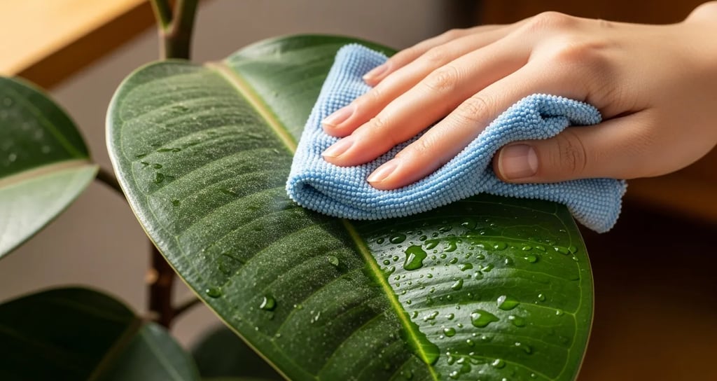 Limpiando el polvo de una hoja grande de planta con un paño húmedo.