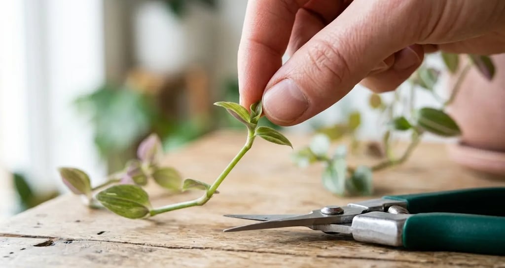 Manos haciendo la técnica de pinzamiento en el brote de una planta de interior junto a unas tijeras