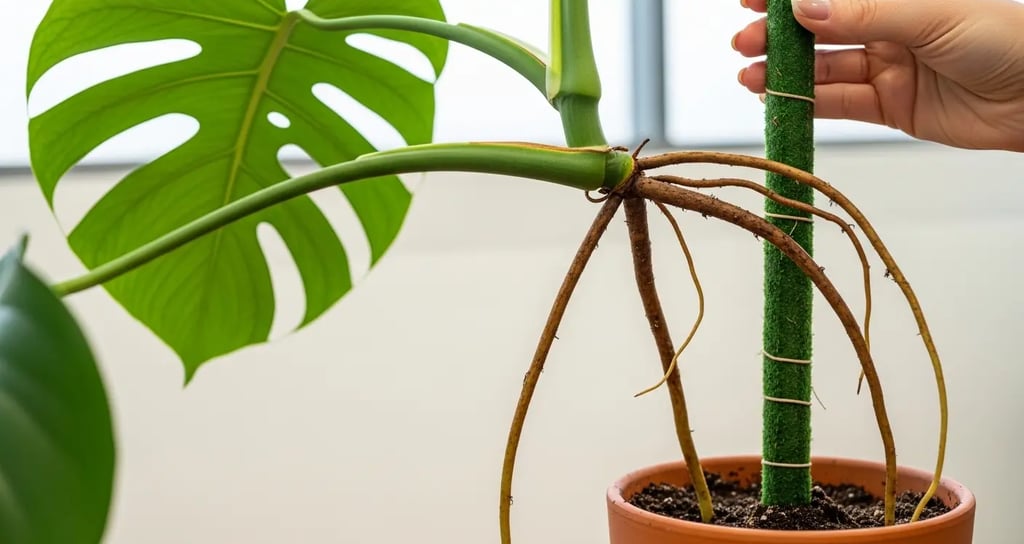 Raíces aéreas marrones de Monstera Deliciosa siendo enterradas en la maceta.