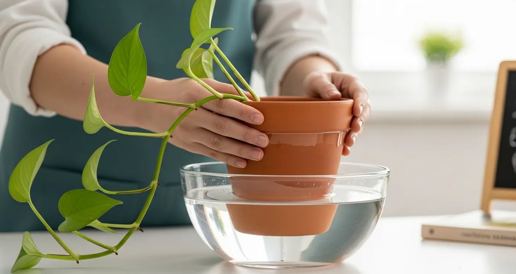 Regando una planta por inmersión (bottom watering) dentro de un recipiente con agua.