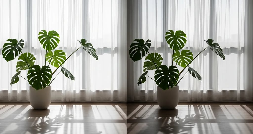 Planta Monstera junto a una ventana con cortinas finas recibiendo luz indirecta brillante.