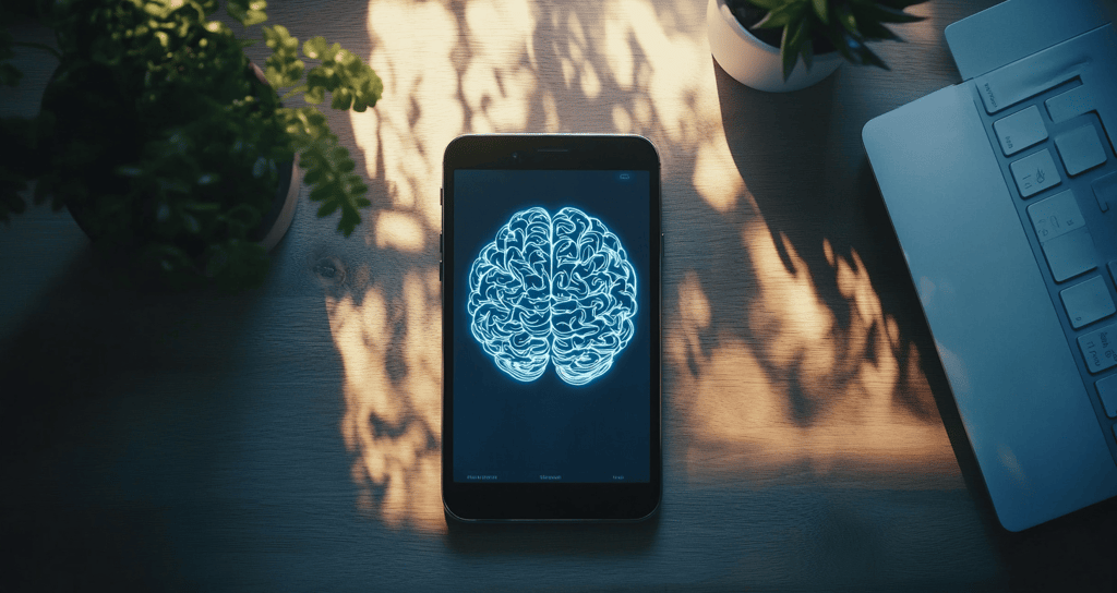 a cell phone with a brain map on it