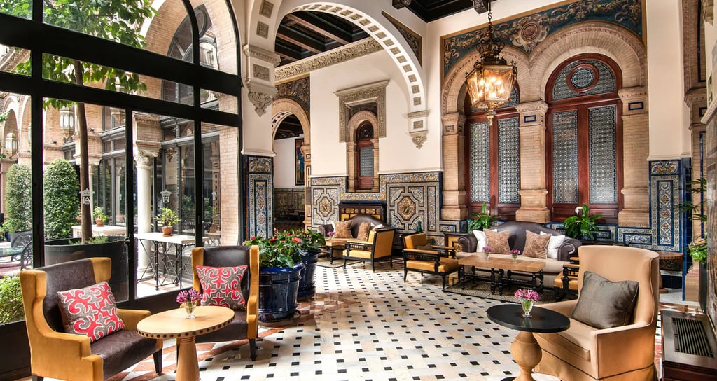 Hotel Alfonso XIII, Moorish-style hotel lounge with intricate tilework in Seville.