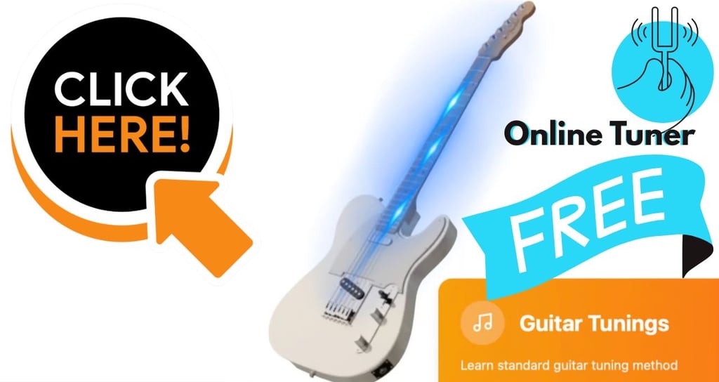 Free online guitar tuner tool with electric guitar illustration and tuning fork icon.